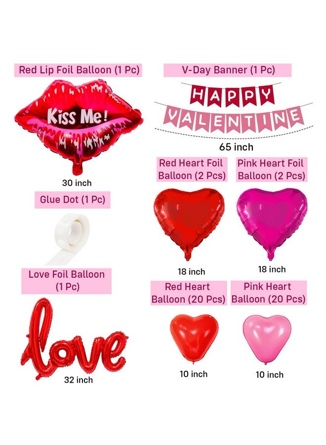 بارتي بروبس عناصر زينة عيد الحب من بارتي بروبس - 48 قطعة مع لافتة عيد الحب السعيد (ورق مقوى): بالونات أحمر الشفاه من رقائق الألومنيوم، بالونات قلب وردية وحمراء من رقائق الألومنيوم، بالونات حب من رقائق الألومنيوم، بالونات قلب (لاتكس، رقائق معدنية) - Image 2
