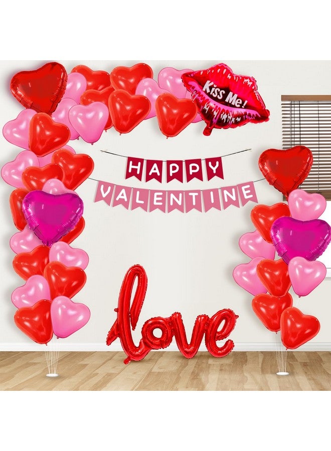 بارتي بروبس عناصر زينة عيد الحب من بارتي بروبس - 48 قطعة مع لافتة عيد الحب السعيد (ورق مقوى): بالونات أحمر الشفاه من رقائق الألومنيوم، بالونات قلب وردية وحمراء من رقائق الألومنيوم، بالونات حب من رقائق الألومنيوم، بالونات قلب (لاتكس، رقائق معدنية) - Image 1