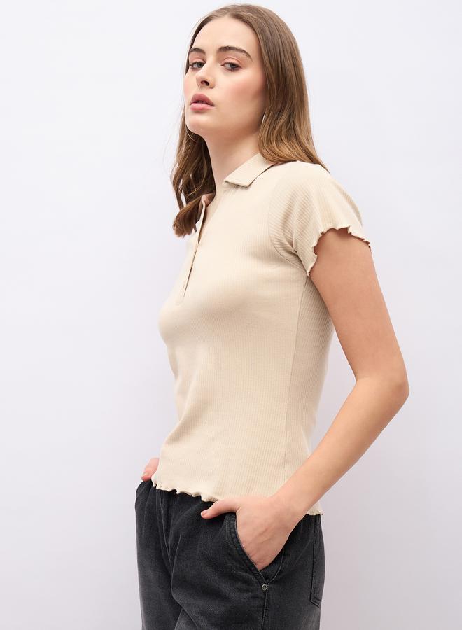Styli Ribbed Lettuce Edge Detail Regular Fit Polo T-Shirt  - Image 3