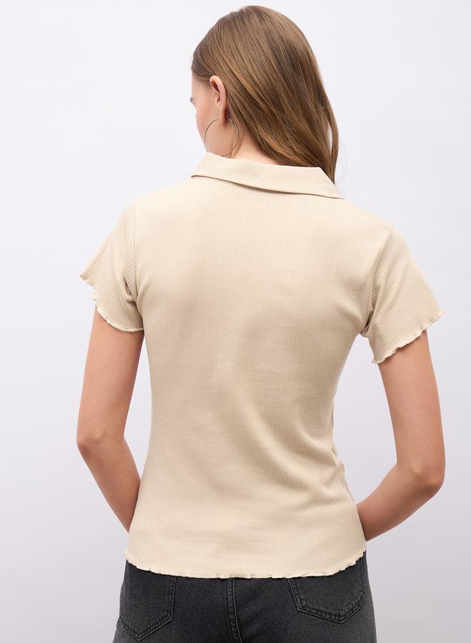 Styli Ribbed Lettuce Edge Detail Regular Fit Polo T-Shirt  - Image 5