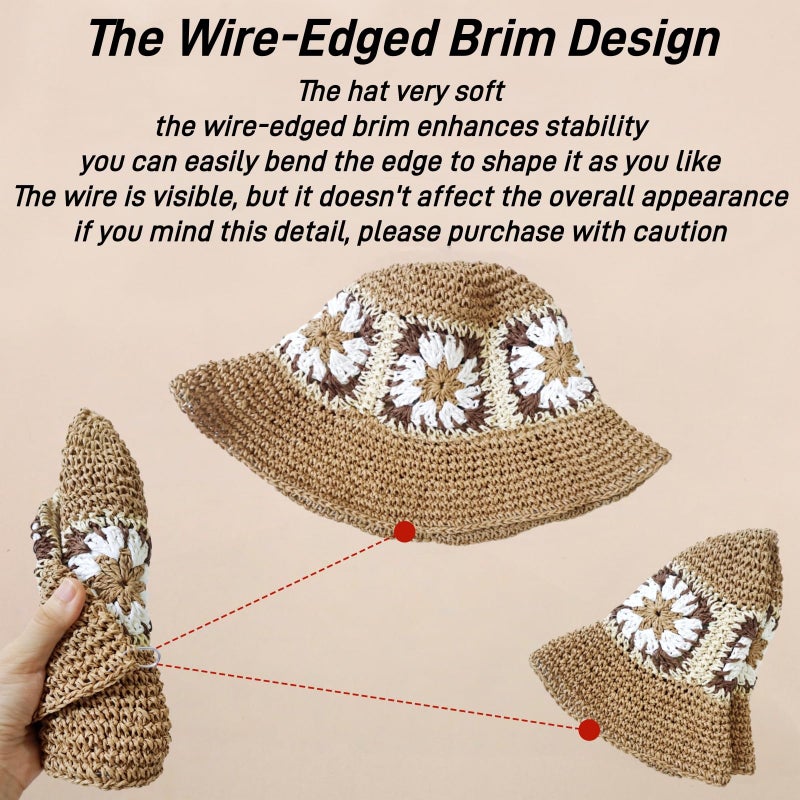 Askljeby Womens Sun Hats Wide Brim Summer Beach Hat for Women Foldable Travel Fedora Handmade Crochet Straw Hat Packable UPF50, Floral-3 - Image 4