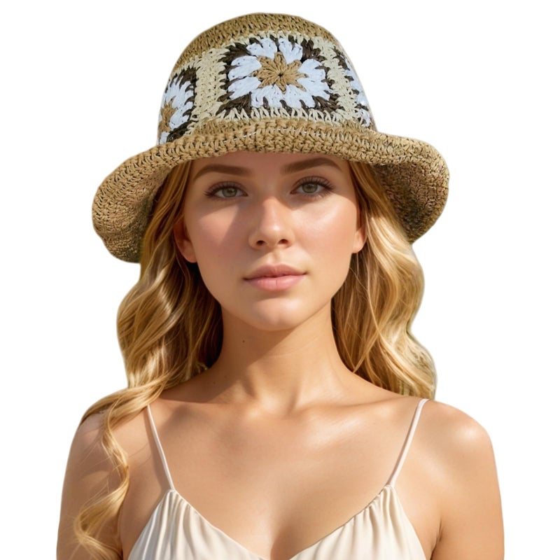 Askljeby Womens Sun Hats Wide Brim Summer Beach Hat for Women Foldable Travel Fedora Handmade Crochet Straw Hat Packable UPF50, Floral-3 - Image 1