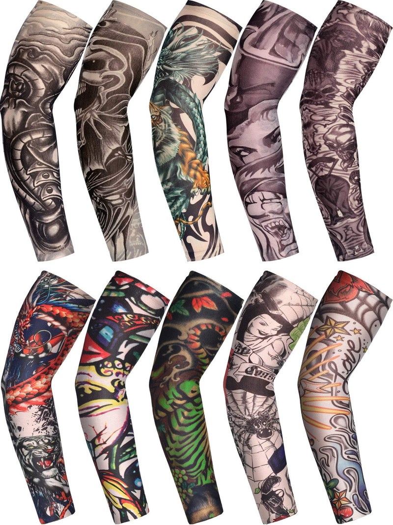 Boao 20 Pcs Men's Cooling Arm Sleeves Long Fingerless Arm Cover Anti Slip UV Protection Sun Temporary Tattoo Sleeves(Medium,Novelty Style) - Image 1