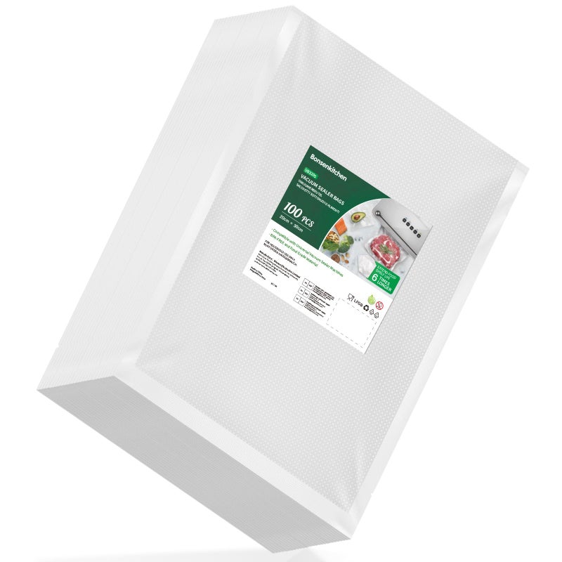 أكياس ختم الطعام بالفراغ من بونس كيتشن 20X30 سم 100 كيس خالية من BPA درجة تجارية أكياس ختم الطعام بالفراغ المنقوشة أكياس سميكة مطبوعة لتخزين الطعام والطهي بالسو فيدي VB3205