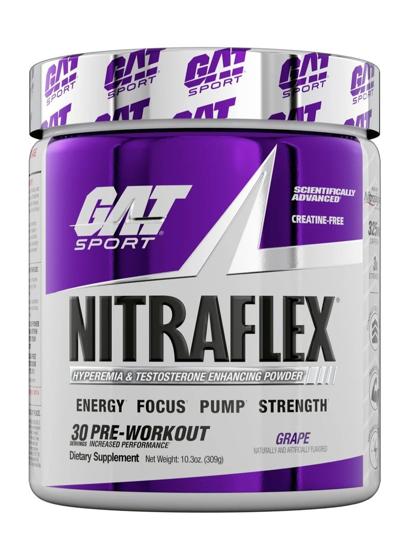 GAT Sport NITRAFLEX Pre-Workout Powder - Hyperemia & Testosterone Booster - 30 Servings, Grape Flavor | Creatine-Free, High Stim Energy Supplement for Strength, Pumps & Focus