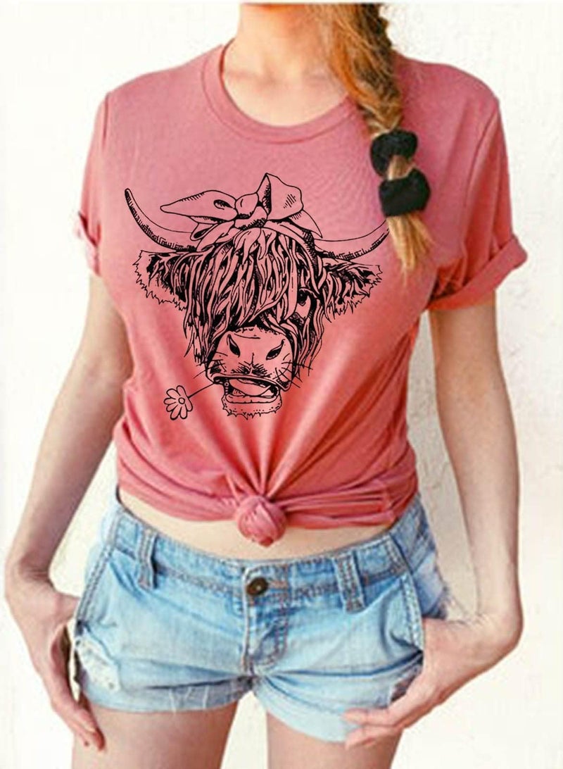 GEMLON Womens Cute Cowgirl T-Shirt Scottish Highland Cow Print Tops Graphic Western Tee Short Sleeve Shirts for Women - Image 3