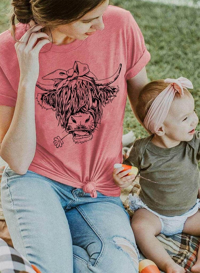 GEMLON Womens Cute Cowgirl T-Shirt Scottish Highland Cow Print Tops Graphic Western Tee Short Sleeve Shirts for Women - Image 2