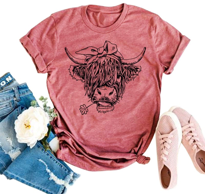 GEMLON Womens Cute Cowgirl T-Shirt Scottish Highland Cow Print Tops Graphic Western Tee Short Sleeve Shirts for Women - Image 1
