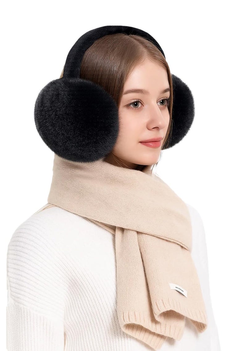 Kedofe Women Winter Earmuffs Adjustable Faux Fleece Ear muffs Foldable Furry Cute Girl Ear Warmer for Cold Outdoor (Black) - Image 2