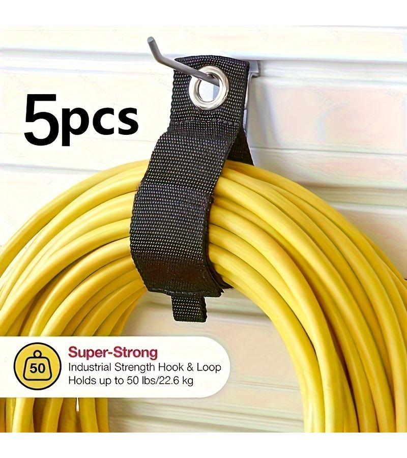 Set Of 5 Black Nylon Straps With Strong Hooks For Hanging And Organizing Tools Equipment In Garages Workshops And Storage Areas Hold Up To 50 Lbs - Image 1