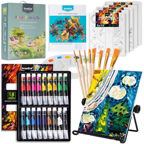 koseibal Acrylic Paint Set for Kids Art Painting Supplies Kit with 18 Paints 5 Canvas Panels 8 Brushes Table Easel Etc Premium Paint Set for Students Artists and Beginner