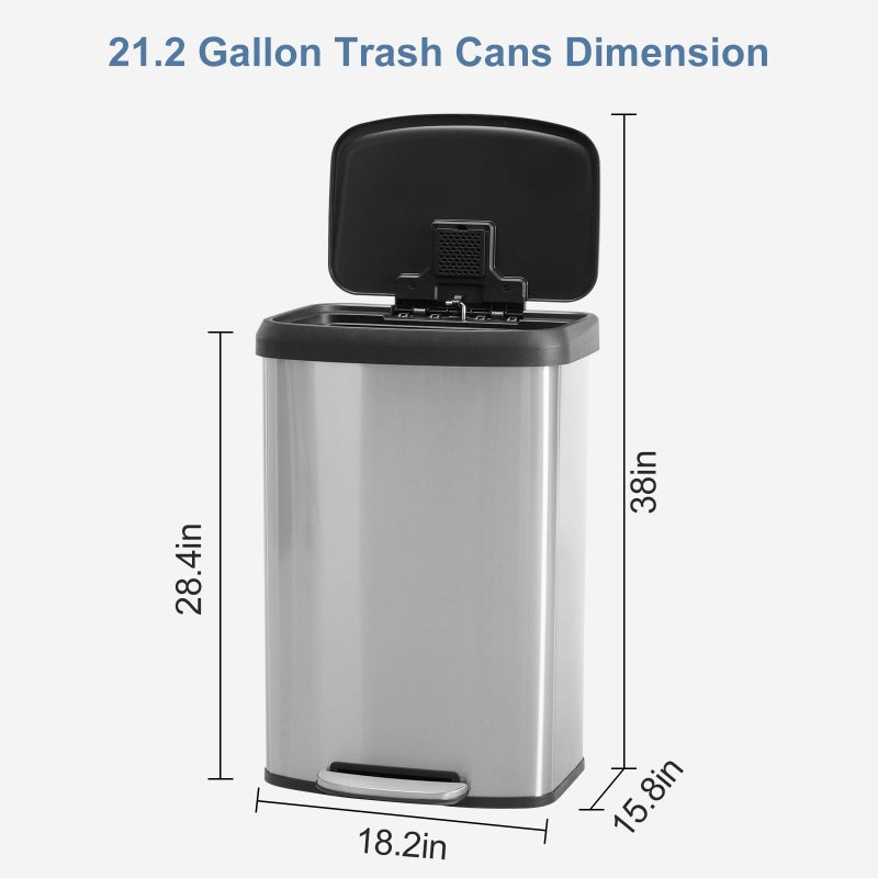 DUMOS 21 Gallon/80 Liter Kitchen Trash Can with Lid, Stainless Steel Garbage Can with Soft-Close Lid & Foot Pedal, Large Step-on Waste Bins Trash and Recycle Bin Combo for Home Office - Image 4