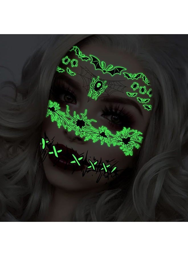 Leoars Halloween Day of Dead Face Tattoos, Neon Sugar Skull Tattoo, 6-Sheet Shimmer Designs Glow UV Neon Body Skin Tattoo Stickers for Men Boys Body Art - Image 4