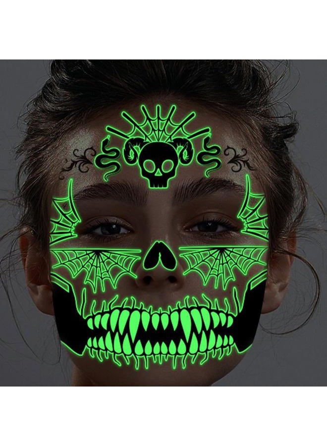 Leoars Halloween Day of Dead Face Tattoos, Neon Sugar Skull Tattoo, 6-Sheet Shimmer Designs Glow UV Neon Body Skin Tattoo Stickers for Men Boys Body Art - Image 2