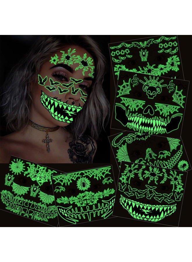 Leoars Halloween Day of Dead Face Tattoos, Neon Sugar Skull Tattoo, 6-Sheet Shimmer Designs Glow UV Neon Body Skin Tattoo Stickers for Men Boys Body Art - Image 1