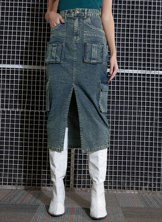 SASSAFRAS Green Washed Pocket Detail Midi Skirt for Women