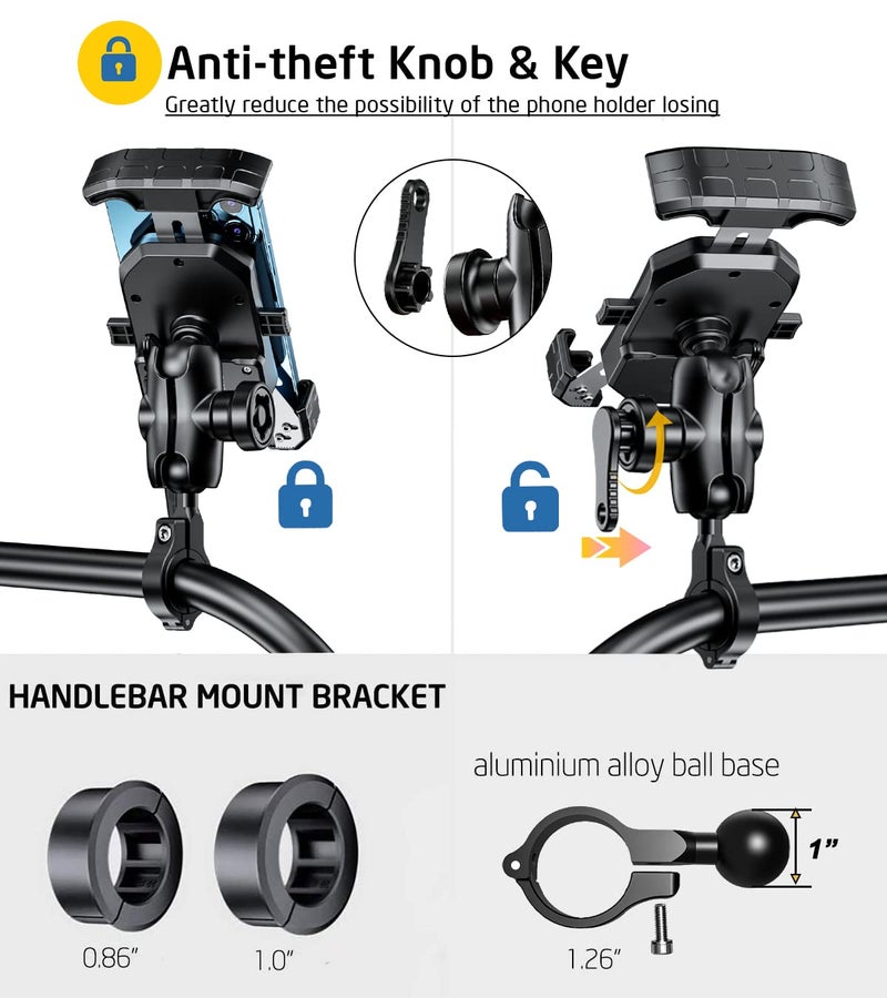 iMESTOU Anti-Theft Motorcycle Phone Mount Bike 1 Ball Phone Holder Handlebar Double Socket Arm Cellphone Holder with Aluminum 1" Ball Base 360 Rotation Universal for 4.0-7.0 Inch Smartphones - Image 2