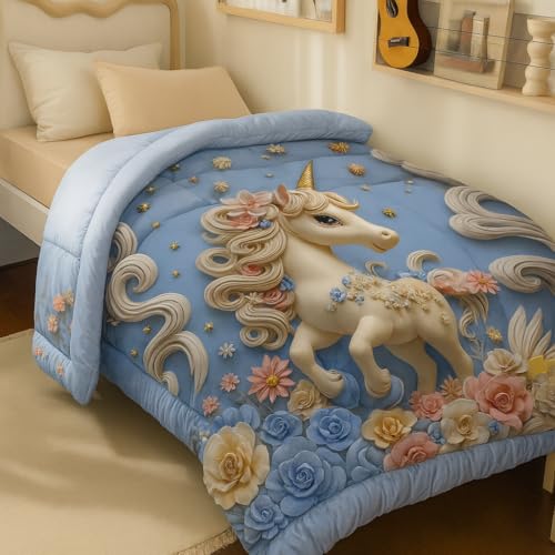 PRISCILLA 7D Printed Microfiber Kids Comforter Single Bed | Cotton Feel Lightweight Ultra Soft AC Blanket with Carry Bag | 150 GSM Baby Quilt/Duvet for All Season, 60x90 Inch (Unicorn) - Image 3