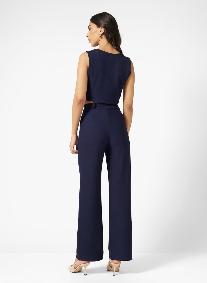 FYOR Navy Blue Two-Piece Set – Buttoned Vest & High-Waisted Straight-Leg Pants - Image 2