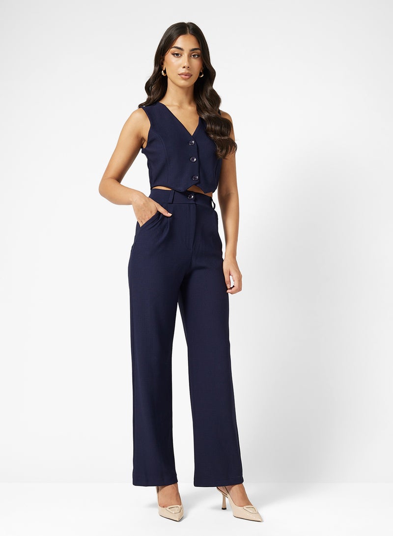 FYOR Navy Blue Two-Piece Set – Buttoned Vest & High-Waisted Straight-Leg Pants - Image 1