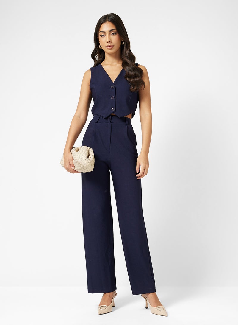 FYOR Navy Blue Two-Piece Set – Buttoned Vest & High-Waisted Straight-Leg Pants - Image 5