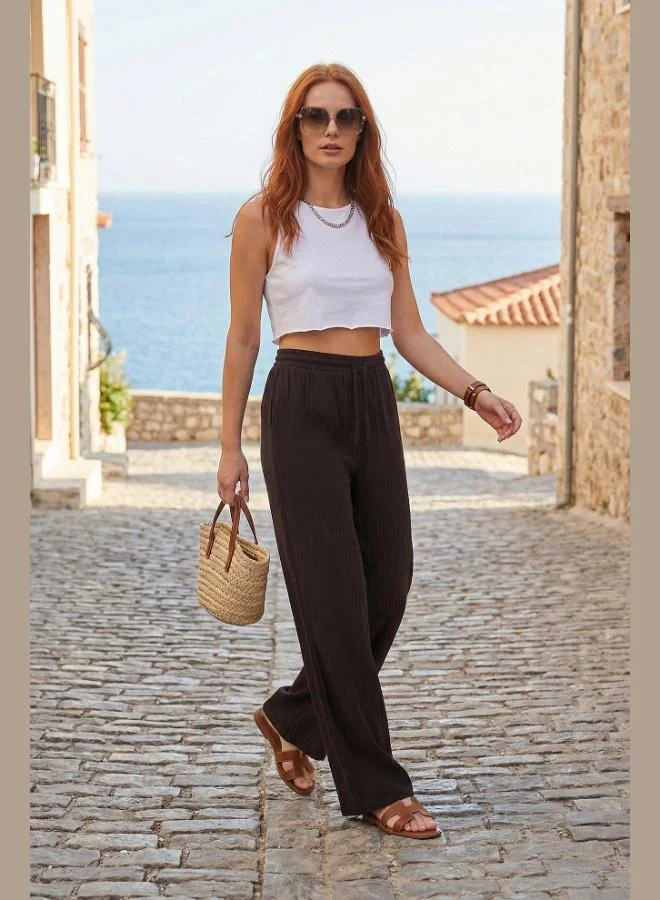 Lela Lela Cotton Comfort Fit High Waist Wide Leg Trousers Women's Pants 668YP5540