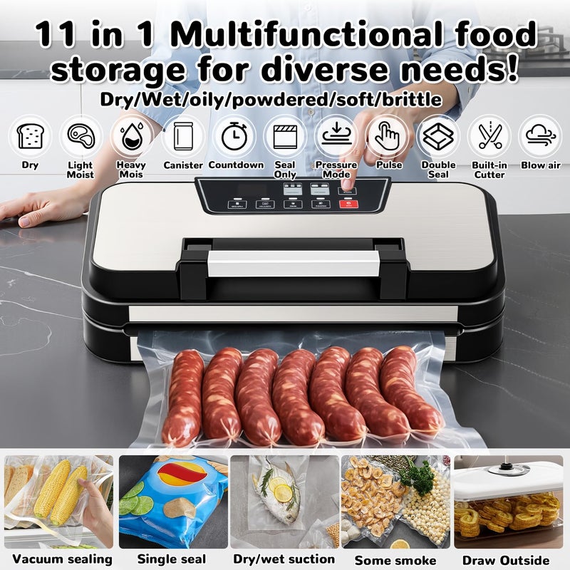 BYIECLD 95Kpa Powerful Vacuum Sealer Machine, 11-in-1 Automatic Food Sealer with Double Seal, Built-in Cutter & Bag Storage, for Dry Moist Food Preservation, Extend Freshness 8X Longer - Image 2