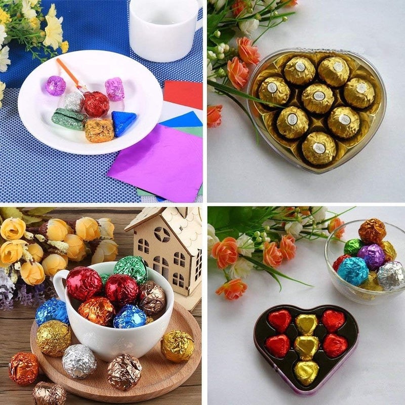 ROYALS 200 Pieces Chocolate Wrapping Foil Paper in Assorted Colours – 8 x 9 cm Printed and Plain Aluminum Wrappers for DIY Homemade Chocolates Candy Sweets Gift Packing Party Favors Baking Crafts - Image 4