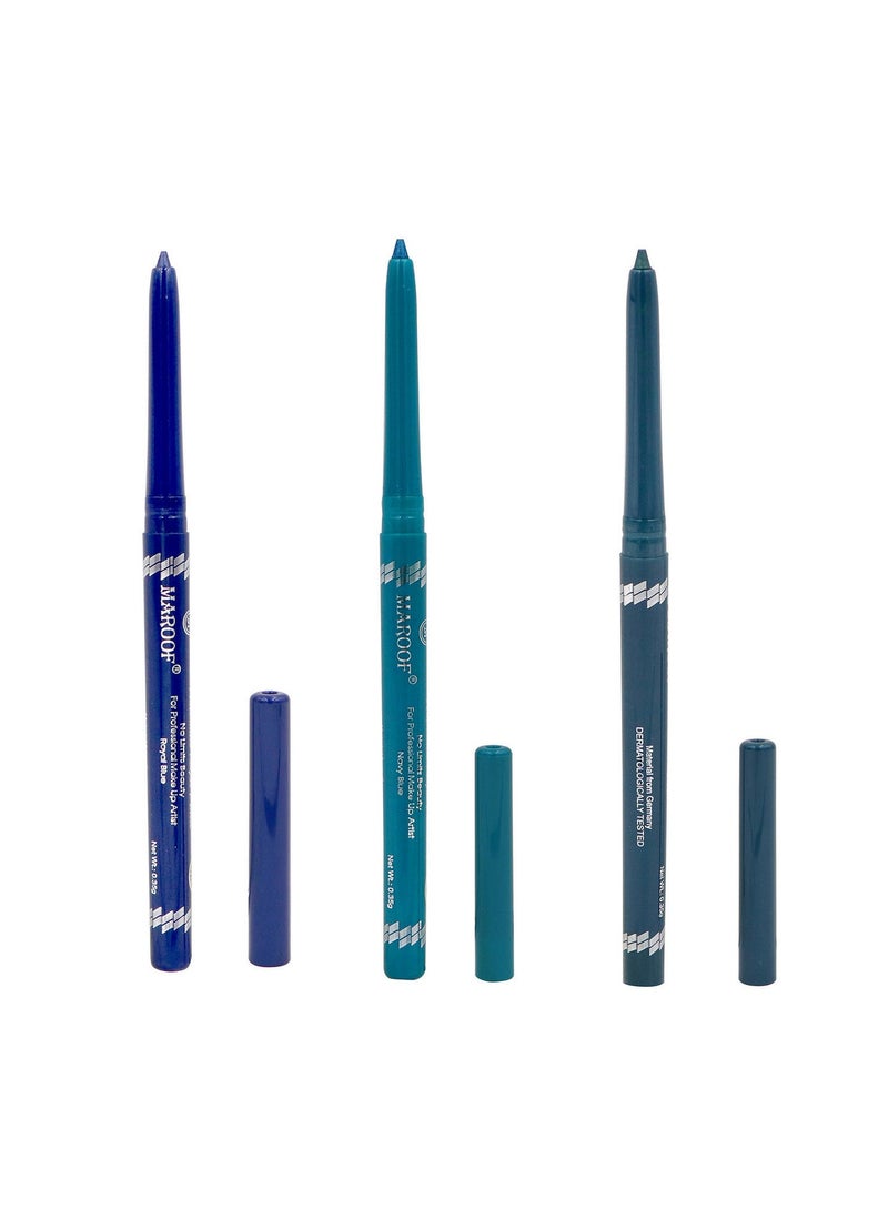 MAROOF 24 Hours Long Lasting Water Proof Automatic Retractable Kajal Eye Pencil Baby Blue/Green/Royal Blue Pack of 3 - Image 1