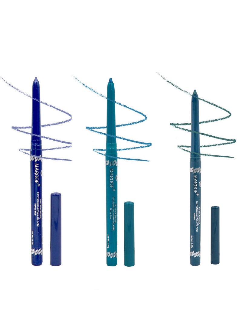 MAROOF 24 Hours Long Lasting Water Proof Automatic Retractable Kajal Eye Pencil Baby Blue/Green/Royal Blue Pack of 3 - Image 3