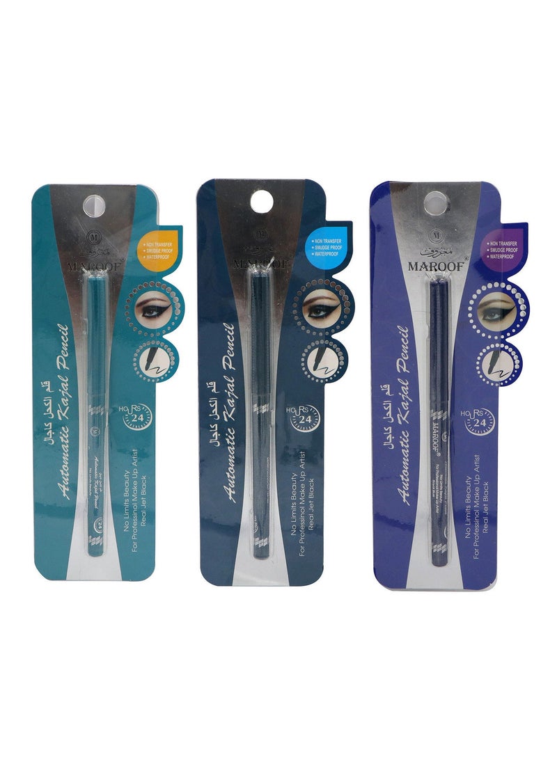 MAROOF 24 Hours Long Lasting Water Proof Automatic Retractable Kajal Eye Pencil Baby Blue/Green/Royal Blue Pack of 3 - Image 2