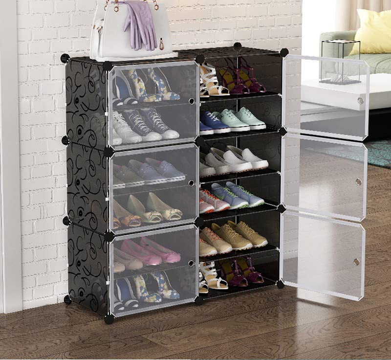 Zemic DIY Shoe Rack OrganizerMultiPurpose Plastic Portable and Folding Shoe Rack 6Door12ShelvesBlack