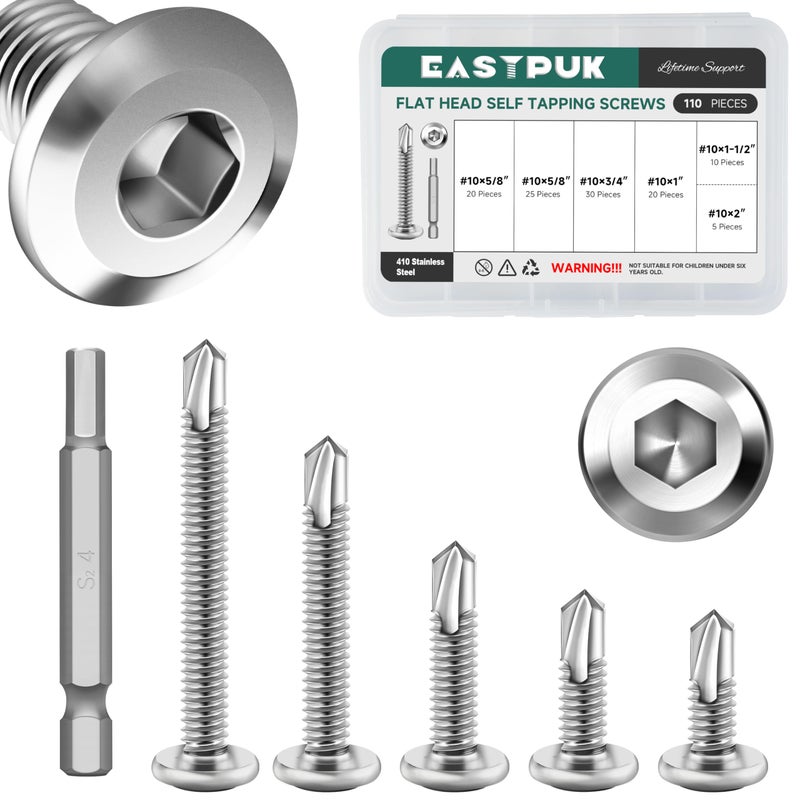 EASTPUK 110Pcs #10 Sheet Metal Screws Assortment Kit, Stainless Steel Flat Head Socket Cap Self Drilling Screw, Allen Socket Drive, Self Tapping Screws with Drill Bit - Image 1