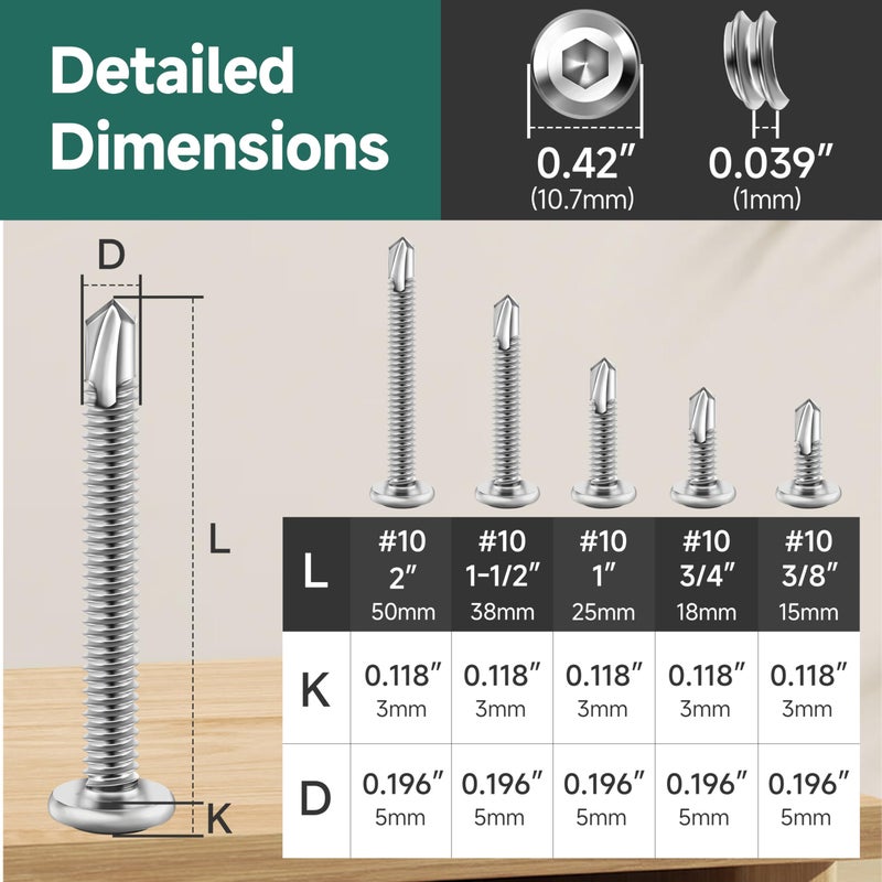 EASTPUK 110Pcs #10 Sheet Metal Screws Assortment Kit, Stainless Steel Flat Head Socket Cap Self Drilling Screw, Allen Socket Drive, Self Tapping Screws with Drill Bit - Image 2