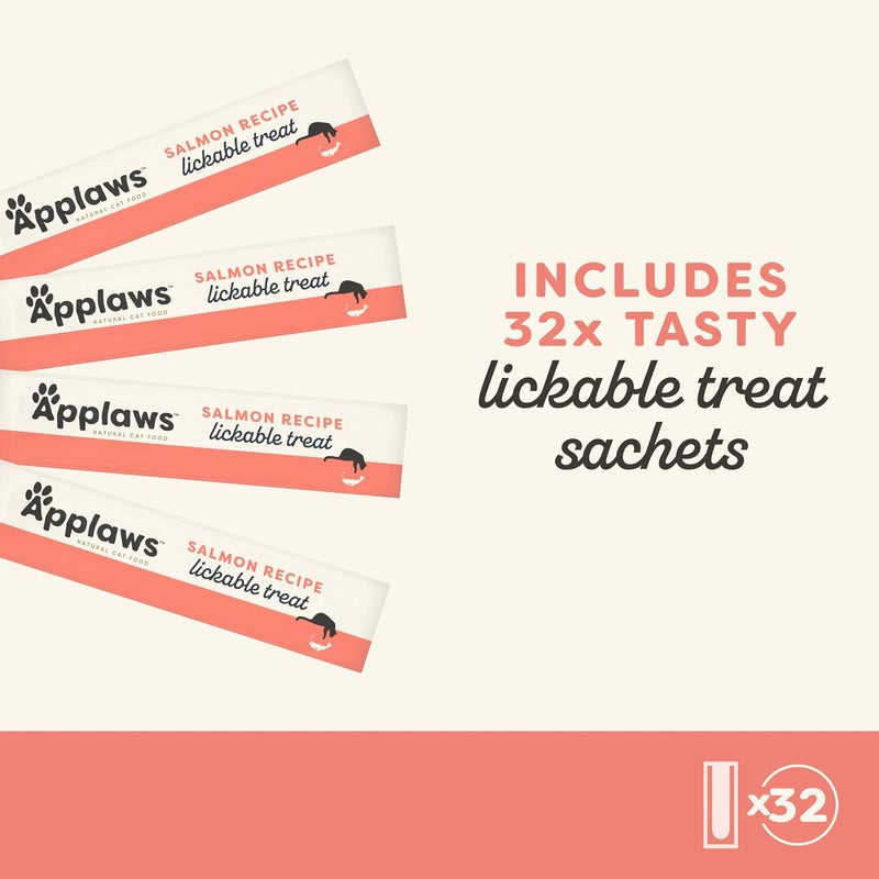 Applaws Salmon Creamy Lickable Cat Treats for Cats and Kittens 32x15g, Grain Free Puree 15g Sachet - Image 1