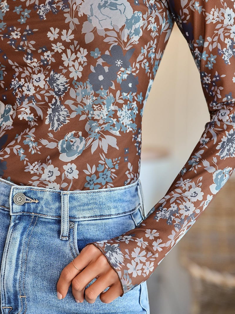 Dealmore Lace Sheer Floral Mesh Mockneck Going Out Tops for Women Fall Fashion Spring Outfits 2026 Clothes Floral Brown L - Image 5