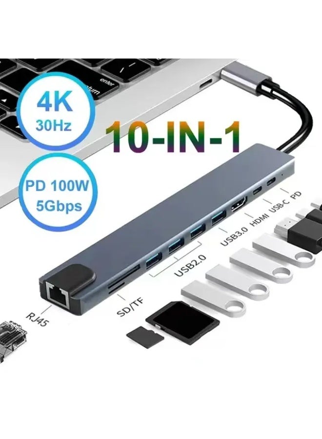 T I G O USB C Hub 10 in 1 HDMI 4K@30Hz 100W Fast Charging, 1000Mbps Network Ethernet Hub USB3.0+2.0*3 USB C 3.0 5Gbps Data Transfer SD Card Reader for Macbook Pro | Grey - Image 1