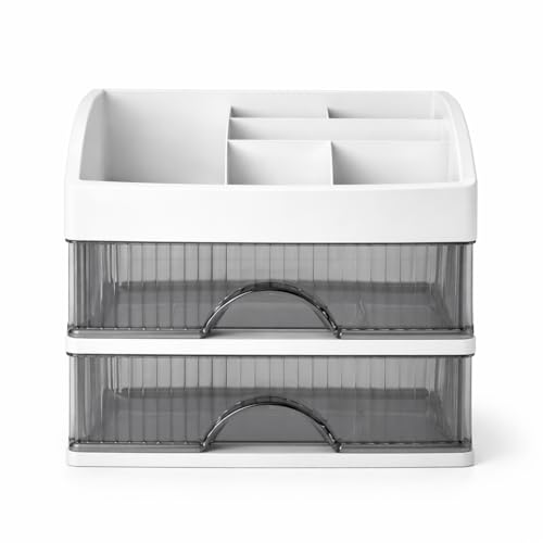 HoopVool® Countertop Organizer with Drawers Plastic Storage for Makeup Brush,Hair Accessories,Jewelry,Skincare Vanity Display, Skin Care Products, Office Desk Organizer (White, Layer-2) - Image 1