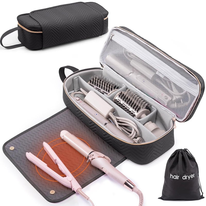 2IN1 Hair Tools Travel Bag with Heat Resistant Mat for Shark Flexstyle Flat Irons Straighteners Curling Iron Hair Dryer Case Compatible with Revlon OneStep Hair Dryer Hair Essentials