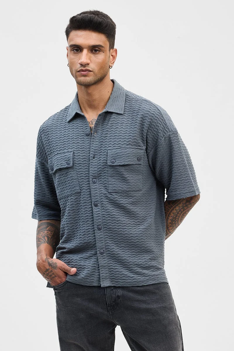 SNITCH Greyish Blue Textured Oversized Fit Shirt