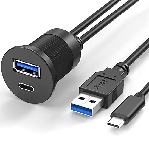 OBVIS USB Type C 3.0 and USB 3.0 Male to Female Flush Mount Cable Waterproof Kit Accessories Car Dash Panel Mount Adapter Converter Extension Extender for Car Boat Motorcycle Motorbike 3 Feet - Image 1