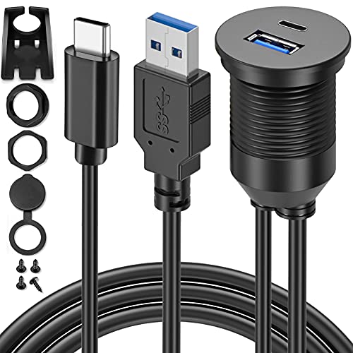 OBVIS USB Type C 3.0 and USB 3.0 Male to Female Flush Mount Cable Waterproof Kit Accessories Car Dash Panel Mount Adapter Converter Extension Extender for Car Boat Motorcycle Motorbike 3 Feet - Image 5