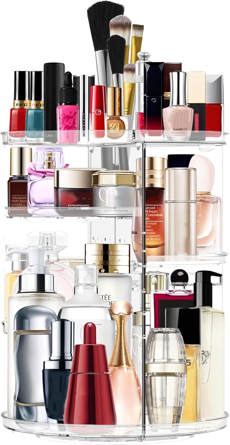 Miserwe Makeup Organizer 360 Rotating Cosmetic Organizer DIY Adjustable Makeup Carousel Spinning Holder Rack, Large Capacity Cosmetic Storage Box Makeup Brushes Organizer for Vanity Countertop (Clear)