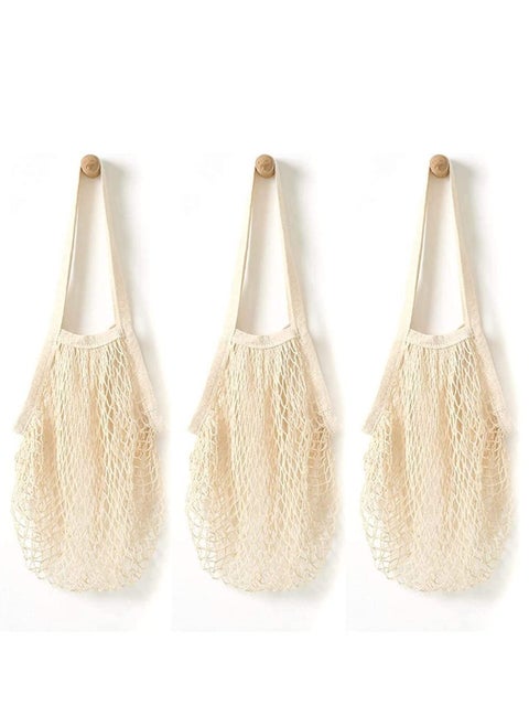 Grocery Mesh Bags, Portable/Reusable/Washable Organic Cotton String Reusable Shopping Produce Net Tote with Short Handle Handbag for Fruit Vegetable Storage (3 pcs)