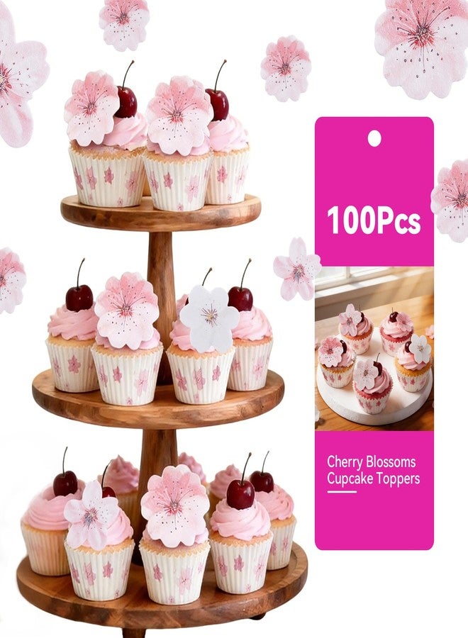 FOOMEE 100Pack Cherry Blossoms Cupcake Toppers, Wafer Paper Flowers for Cupcake Birthday, Baby Shower, Wedding Party, Sakura Theme Dessert Decorations - Image 1