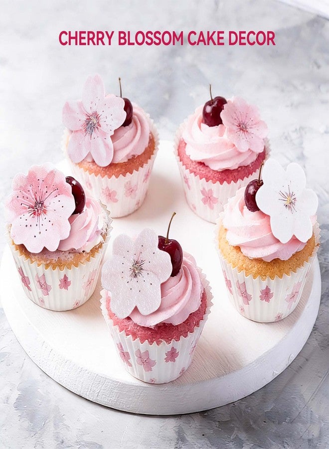 FOOMEE 100Pack Cherry Blossoms Cupcake Toppers, Wafer Paper Flowers for Cupcake Birthday, Baby Shower, Wedding Party, Sakura Theme Dessert Decorations - Image 3