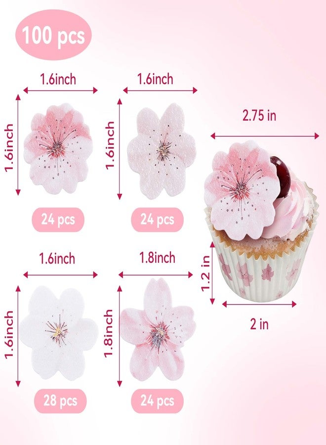 FOOMEE 100Pack Cherry Blossoms Cupcake Toppers, Wafer Paper Flowers for Cupcake Birthday, Baby Shower, Wedding Party, Sakura Theme Dessert Decorations - Image 2