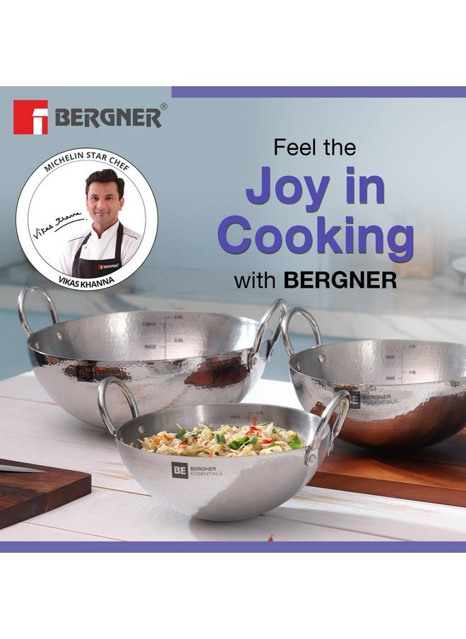BERGNER - BERGNER BE Essentials 26 cm Hammered Kadai, 3 Liters Kadhai Without Lid, Thickness 2.2 mm, Food Safe, Sturdy and Durable, Easy to Clean, Gas Stove Ready, Dishwasher Safe, 5-Year Warranty by Bergner - Image 1
