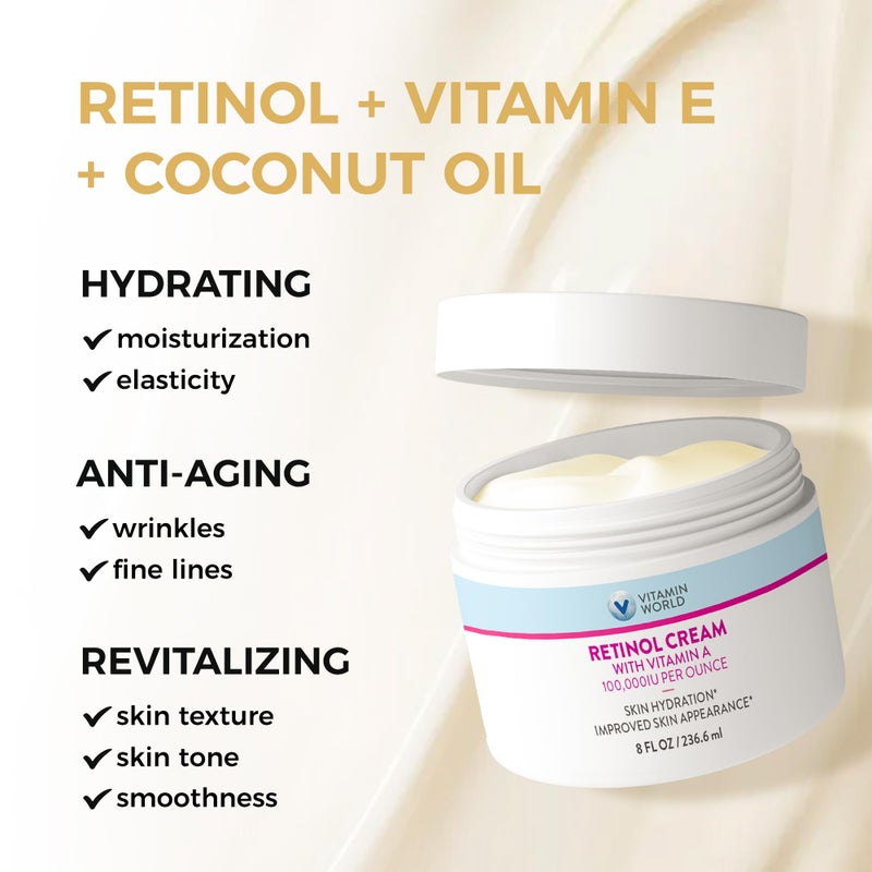 Vitamin World Retinol Cream 100,000 IU 8 oz., Gentle Retinol Night Cream for Face with Retinyl Palmitate & Dual Vitamin E & Coconut Oil, Face Moisturizer, Anti-Aging Wrinkle Cream - Image 5