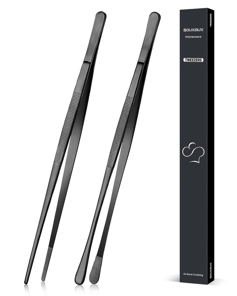 2 Pcs 12inch Cooking Tweezers Tongs Precision Serrated Tips Stainless Steel Professional Chef Tweezer Kitchen Tools for BBQ Plating and Serving Black